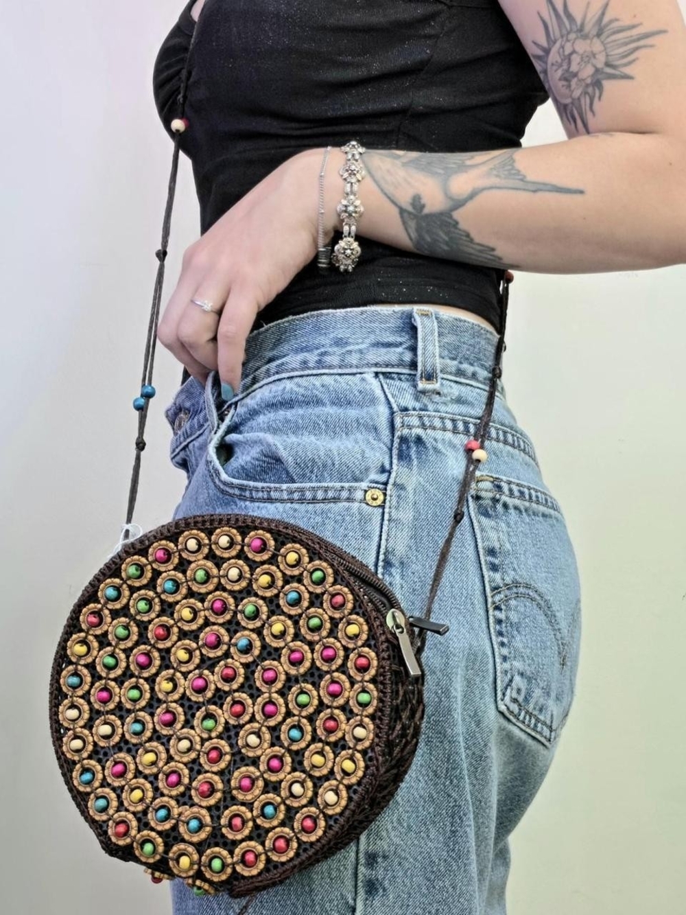 Bohemian Round Woven Crossbody Bag with Colorful Bead Accents